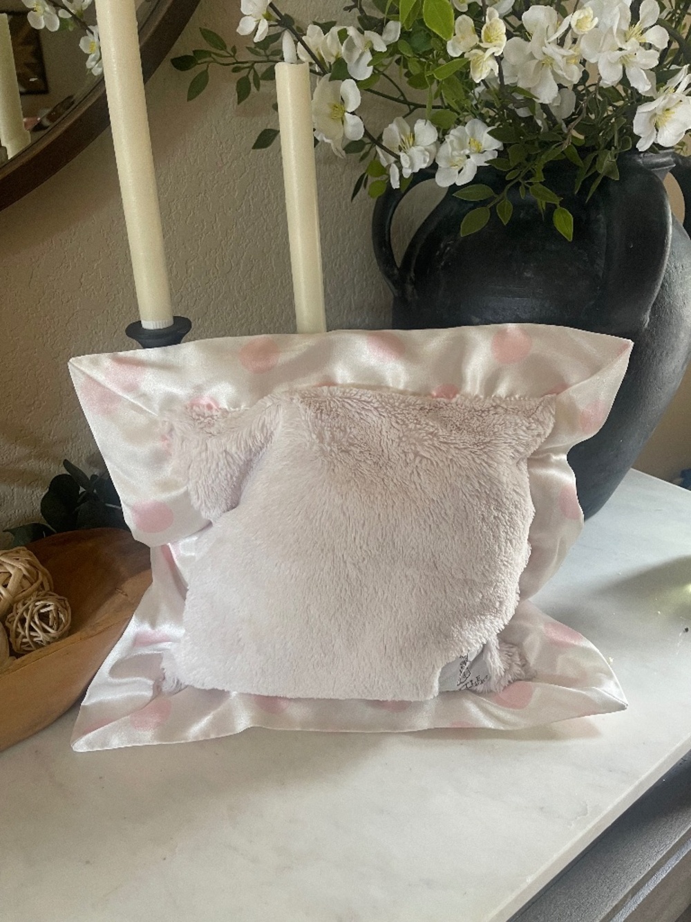 Little Giraffe Luxe Blanky Lovey — Pink Dot Satin Border — Like New